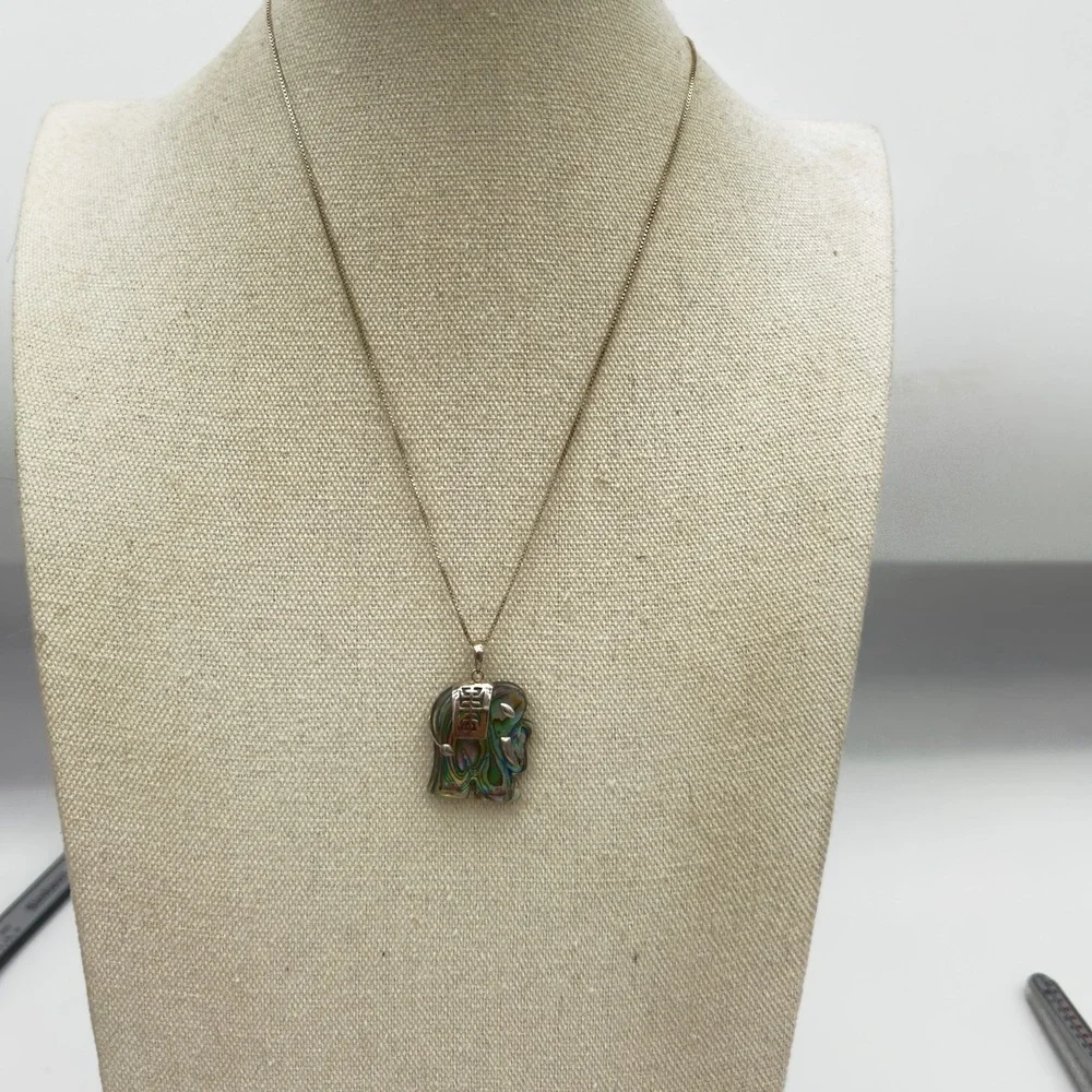 Vtg Abalone Shell Sterling Silver Necklace Elephant Chinese Good Luck Pendant